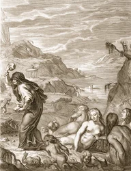 Deukalion und Pyrrha bevölkern die Welt neu, indem sie Steine hinter sich werfen, 1731